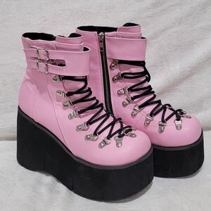 Demonia KERA-21 Platform Faux Lace-Up Ankle Boot, Black/Pink, Size 9